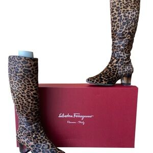 SALVATORE FERRAGAMO | "Celina" Leopard Print Calf Hair Knee-High Boots 7.5 Italy